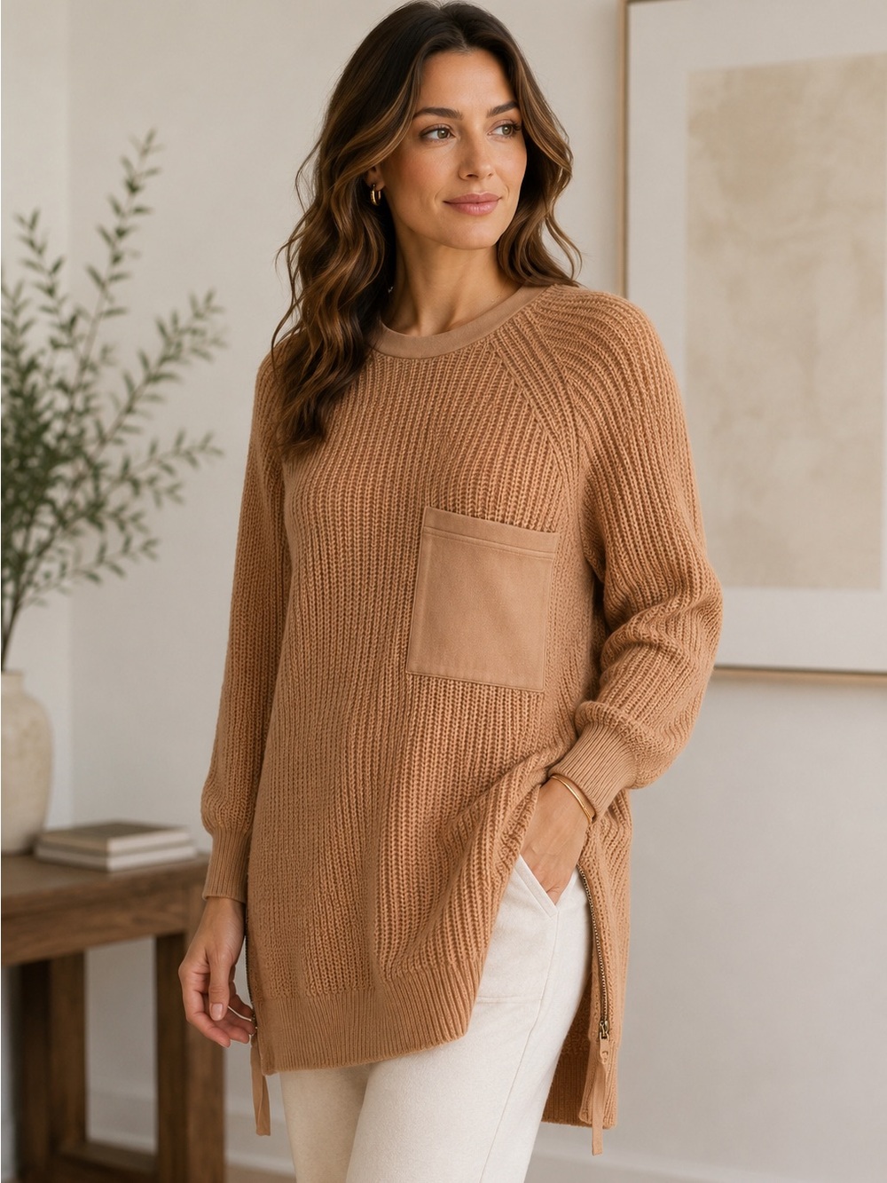 Varley Matteson Tunic Sweater Camel Cotton Knit Side Zip Pullover Size S